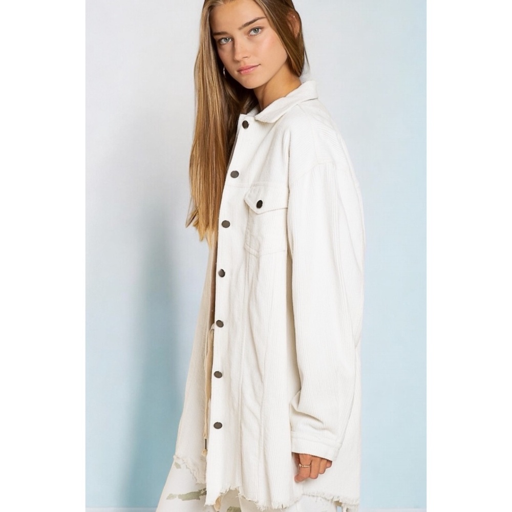 POL White Corduroy Distressed Hem Long Boyfriend Jacket - Picture 3 of 6